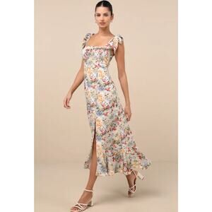 NWT Lulus Dress Women S Summer Invite Wedding Guest Floral Tiered Tie Strap Midi